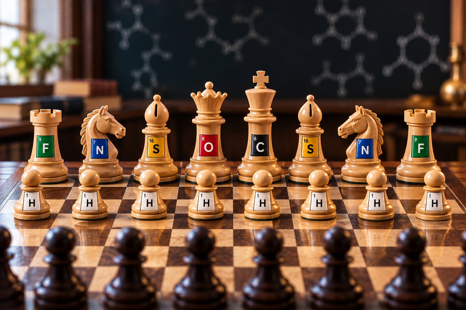 Chess pieces carrying element symbols — F, N, S, O, C — on a board in a wood-panelled study, with molecular structures sketched on a blackboard behind.